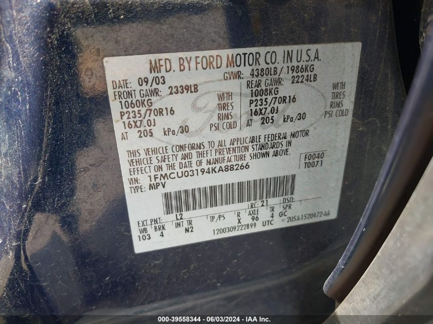 2004 Ford Escape Xlt VIN: 1FMCU03194KA88266 Lot: 39558344
