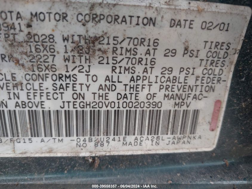 2001 Toyota Rav4 VIN: JTEGH20V010020390 Lot: 39558357