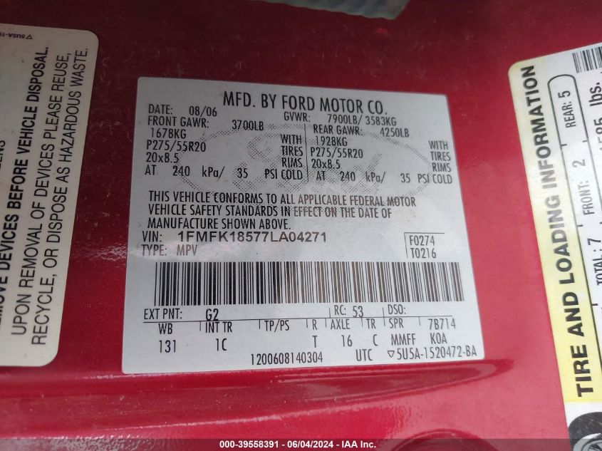 2007 Ford Expedition El Eddie Bauer VIN: 1FMFK18577LA04271 Lot: 39558391