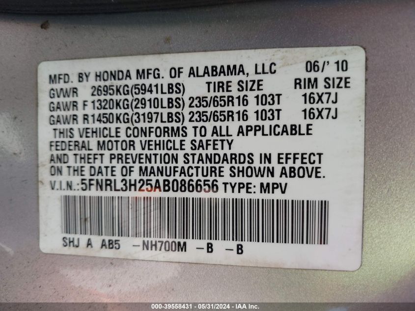 2010 Honda Odyssey Lx VIN: 5FNRL3H25AB086656 Lot: 39558431
