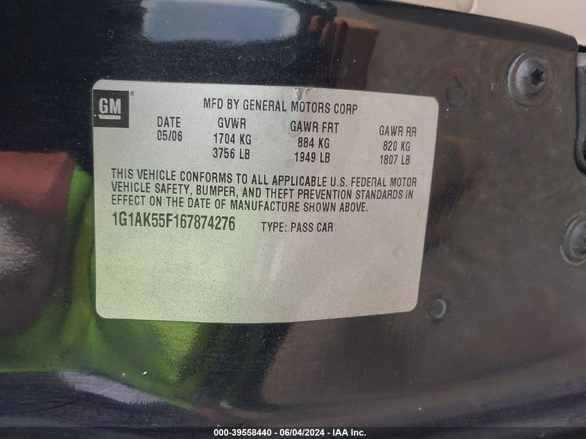 2006 Chevrolet Cobalt Ls VIN: 1G1AK55F167874276 Lot: 39558440