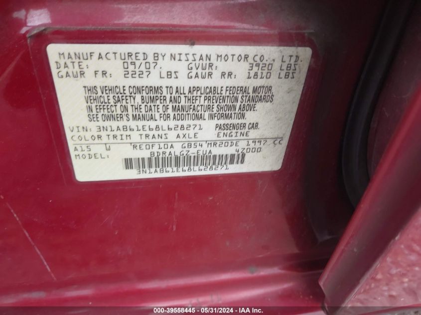 2008 Nissan Sentra 2.0 Sl VIN: 3N1AB61E68L628271 Lot: 39558445