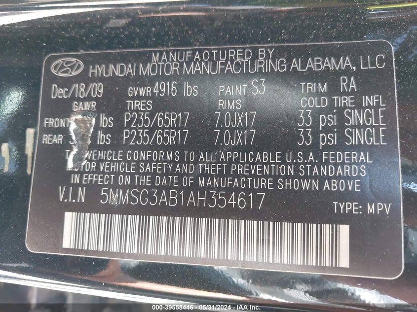 2010 Hyundai Santa Fe Gls VIN: 5NMSG3AB1AH354617 Lot: 39558446