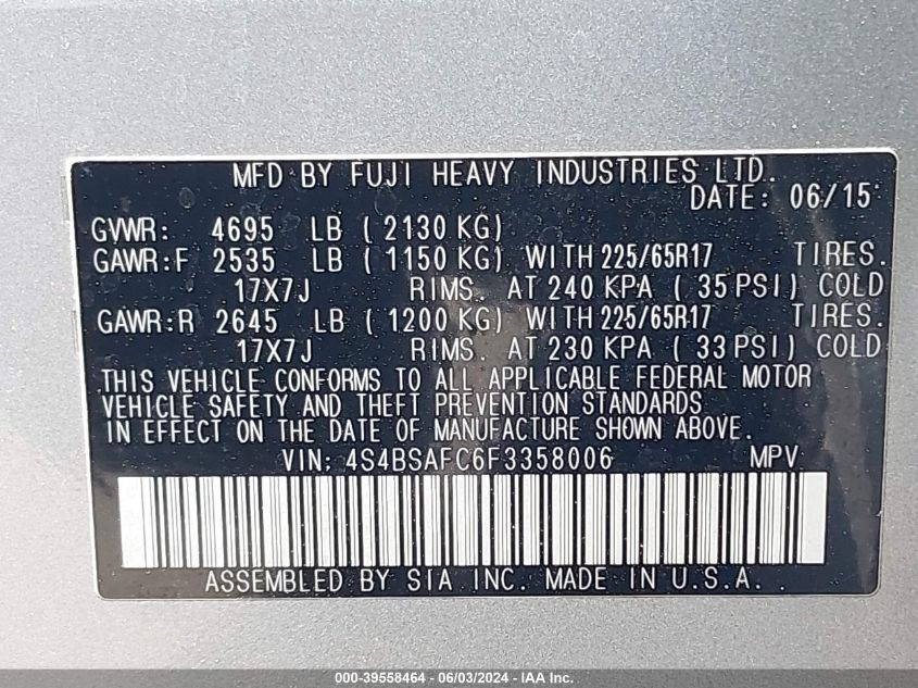 2015 Subaru Outback 2.5I Premium VIN: 4S4BSAFC6F3358006 Lot: 39558464