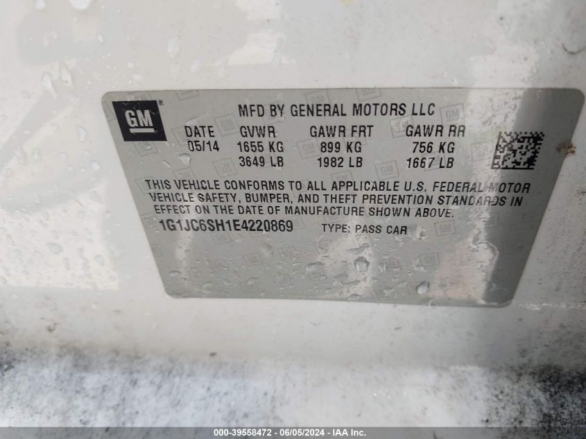 2014 Chevrolet Sonic Lt Auto VIN: 1G1JC6SH1E4220869 Lot: 39558472