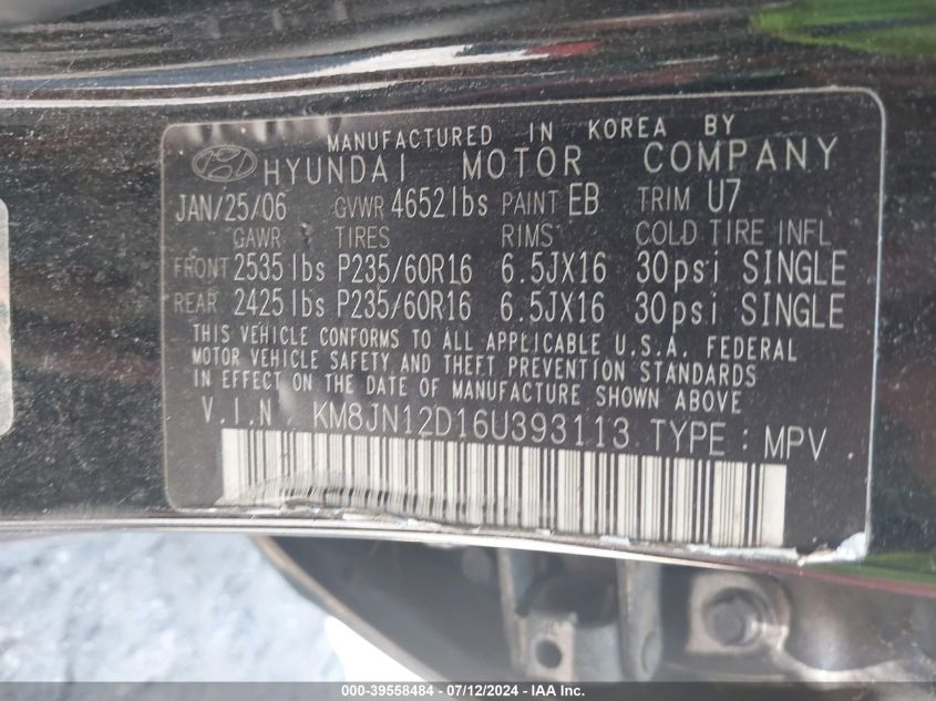 2006 Hyundai Tucson Gls/Limited VIN: KM8JN12D16U393113 Lot: 39558484