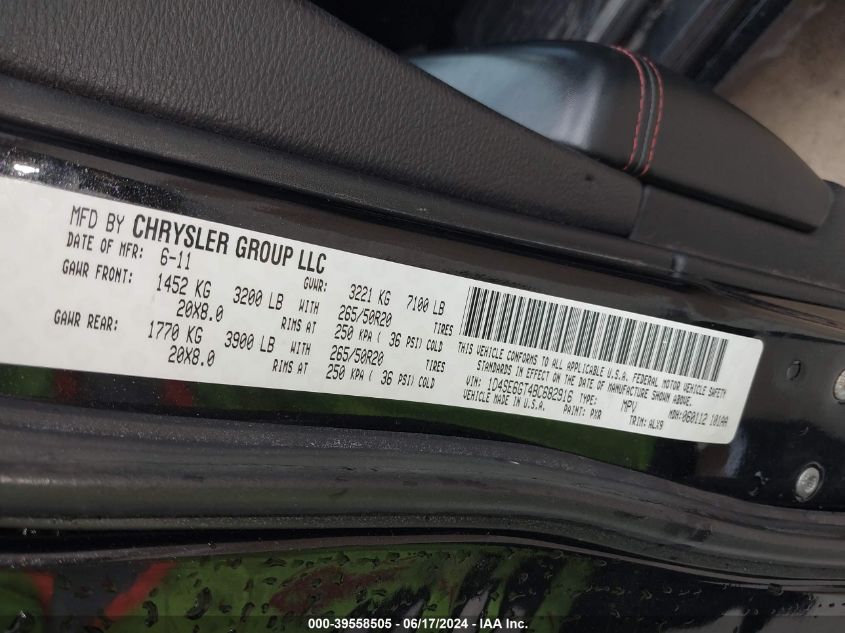 2011 Dodge Durango R/T VIN: 1D4SE6GT4BC682916 Lot: 39558505