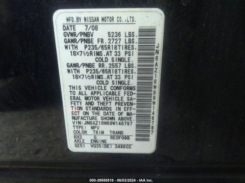 2009 Nissan Murano S VIN: JN8AZ18W89W146797 Lot: 39558518