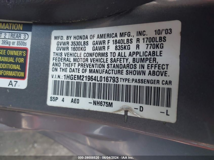 2004 Honda Civic Ex VIN: 1HGEM21964L016793 Lot: 39558520