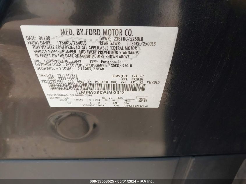 2009 Lincoln Mks VIN: 1LNHM93RX9G603043 Lot: 39558525