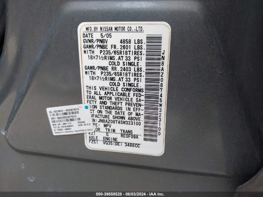 2005 Nissan Murano Sl VIN: JN8AZ08T45W323100 Lot: 39558528