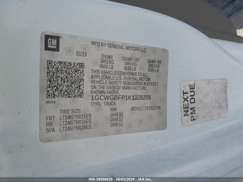 2019 Chevrolet Express 2500 Work Van VIN: 1GCWGBFP1K1228205 Lot: 39558529