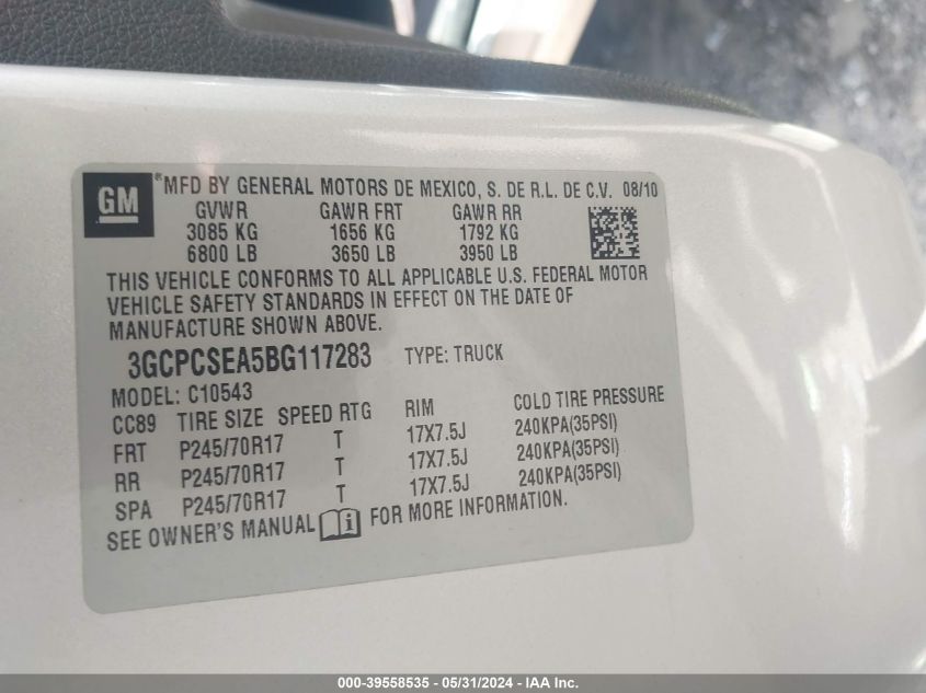 2011 Chevrolet Silverado 1500 Lt VIN: 3GCPCSEA5BG117283 Lot: 39558535
