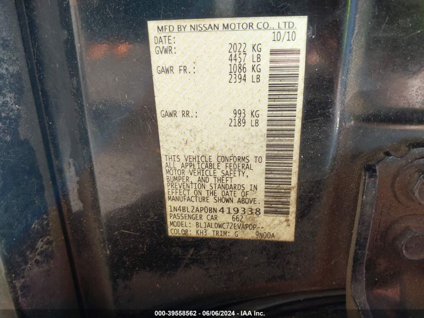2011 Nissan Altima 3.5 Sr VIN: 1N4BL2AP0BN419338 Lot: 39558562
