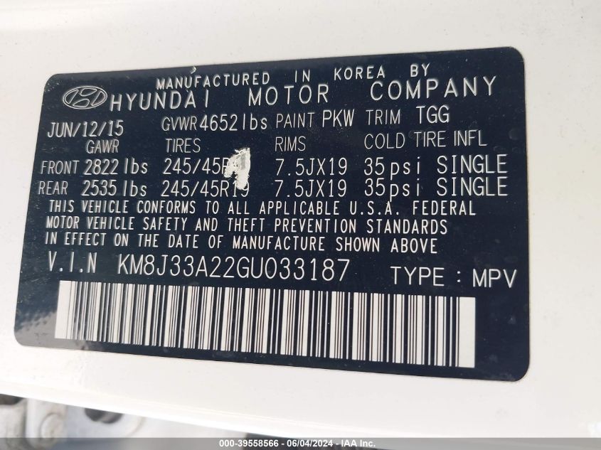 2016 Hyundai Tucson Sport VIN: KM8J33A22GU033187 Lot: 39558566