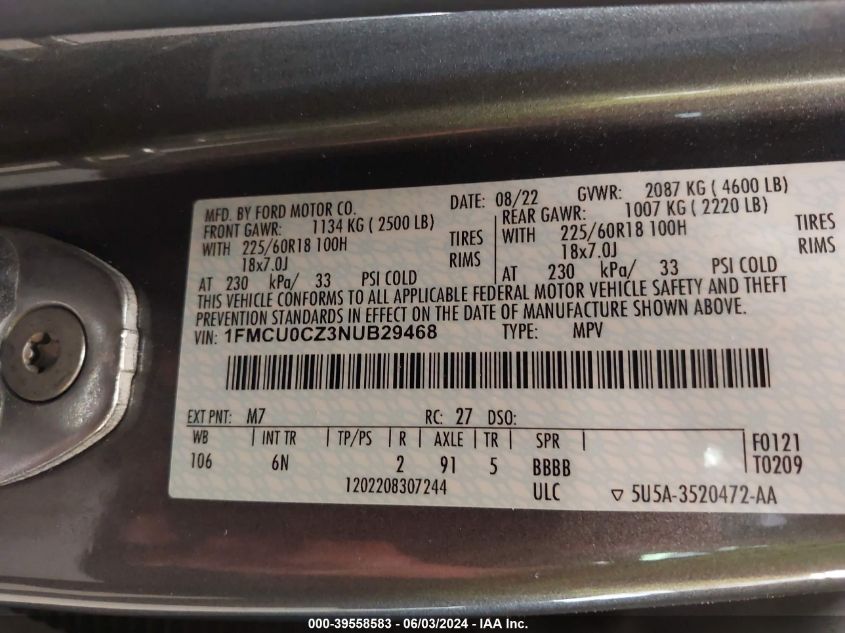 2022 Ford Escape Sel Hybrid VIN: 1FMCU0CZ3NUB29468 Lot: 39558583