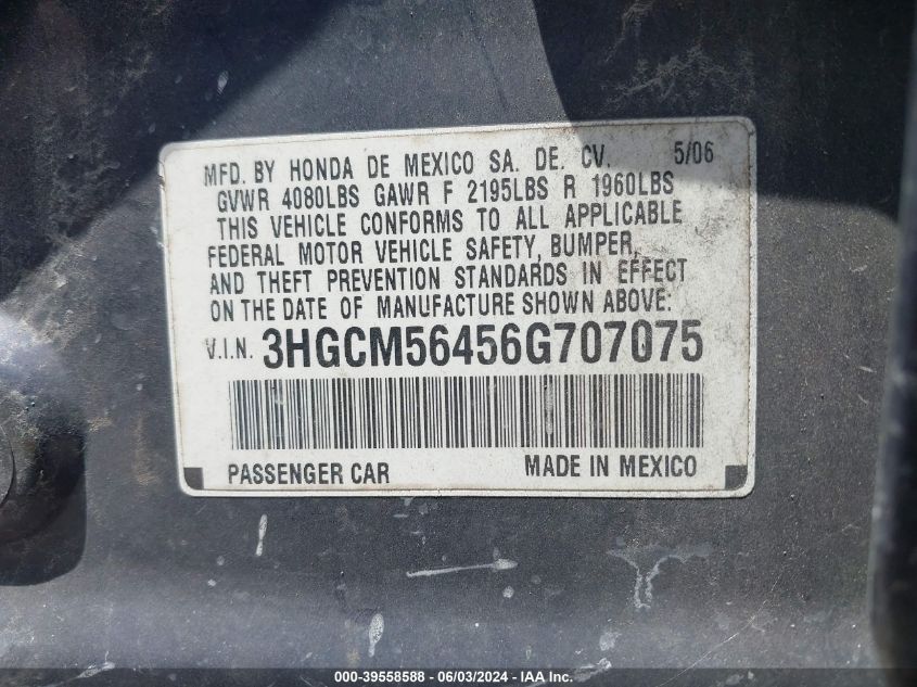 2006 Honda Accord 2.4 Lx VIN: 3HGCM56456G707075 Lot: 39558588