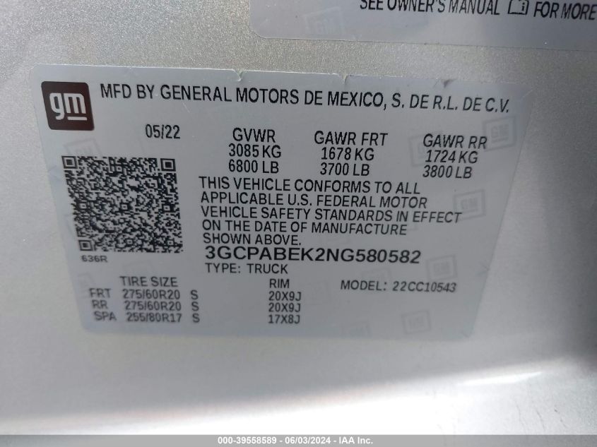 2022 Chevrolet Silverado 1500 2Wd Short Bed Custom VIN: 3GCPABEK2NG580582 Lot: 39558589