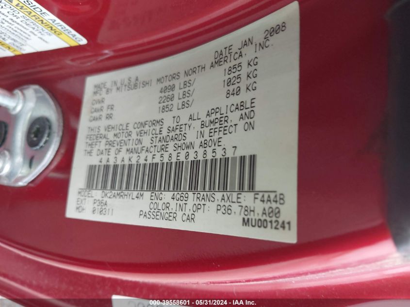 2008 Mitsubishi Eclipse Gs VIN: 4A3AK24F58E038537 Lot: 39558601