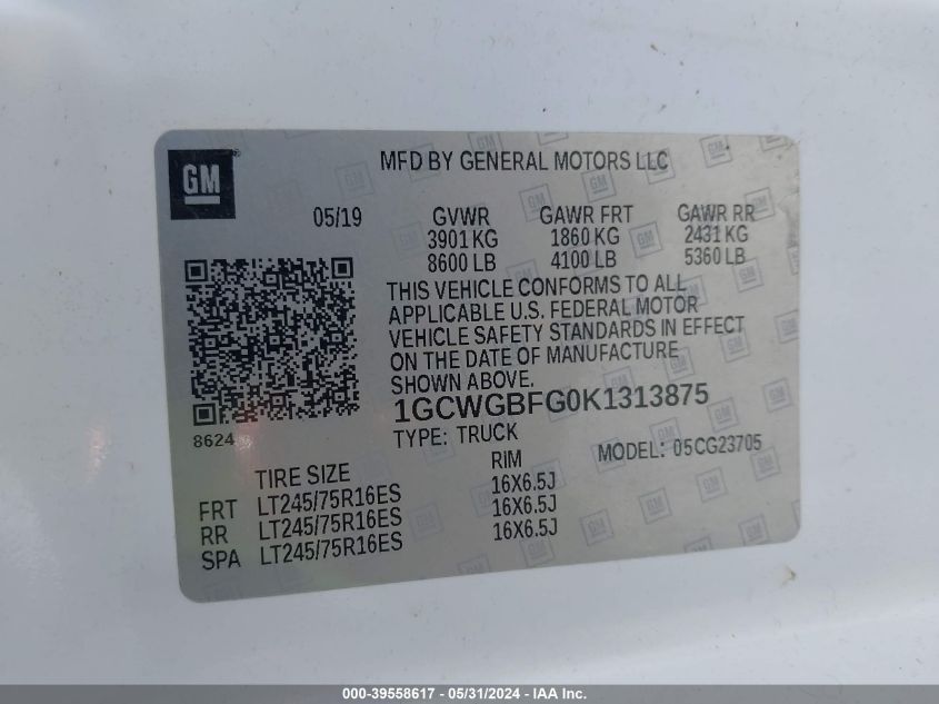 2019 Chevrolet Express 2500 Work Van VIN: 1GCWGBFG0K1313875 Lot: 39558617