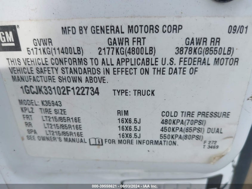 2002 Chevrolet Silverado 3500 Ls VIN: 1GCJK33102F122734 Lot: 39558621