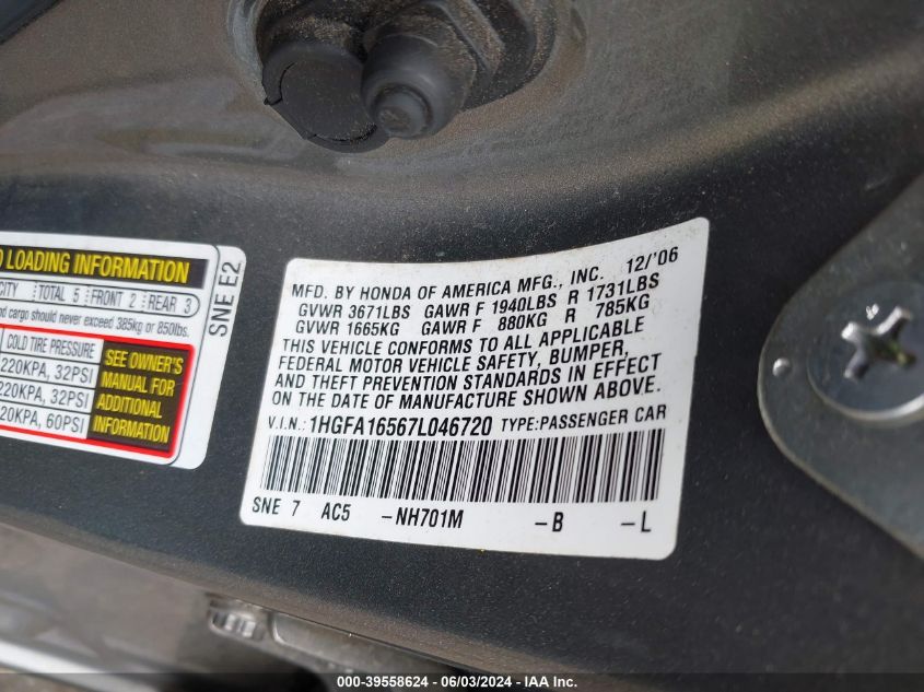 2007 Honda Civic Lx VIN: 1HGFA16567L046720 Lot: 39558624