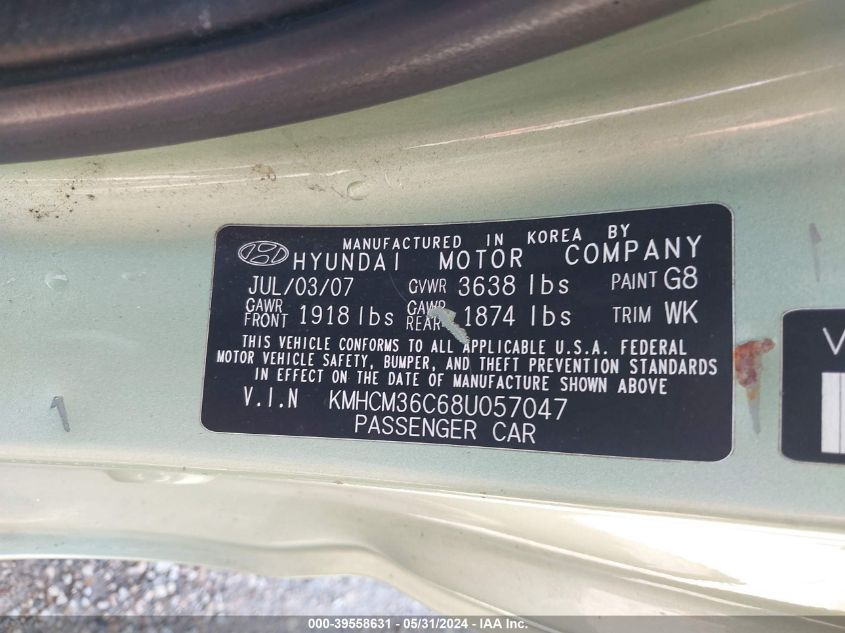 2008 Hyundai Accent Gs VIN: KMHCM36C68U057047 Lot: 39558631