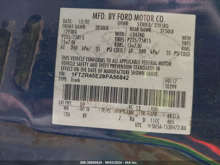 2008 Ford Ranger Fx4 Off-Road/Sport/Xlt VIN: 1FTZR45E28PA56842 Lot: 39558638