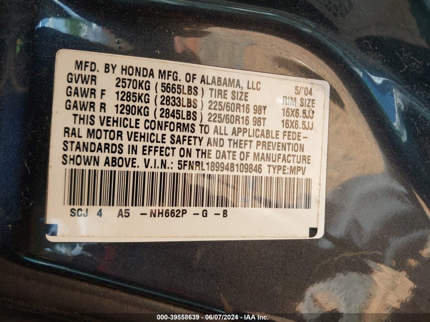 2004 Honda Odyssey Ex-L VIN: 5FNRL18994B109846 Lot: 39558639
