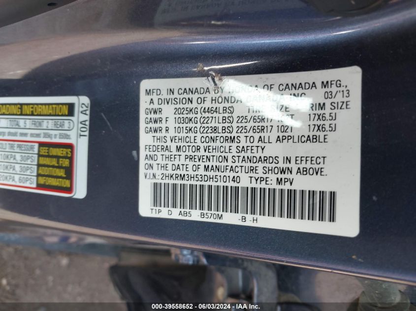 2013 Honda Cr-V Ex VIN: 2HKRM3H53DH510140 Lot: 39558652