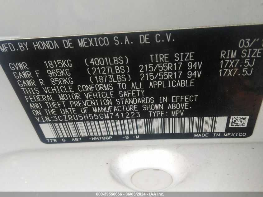 2016 Honda Hr-V Ex VIN: 3CZRU5H55GM741223 Lot: 39558656