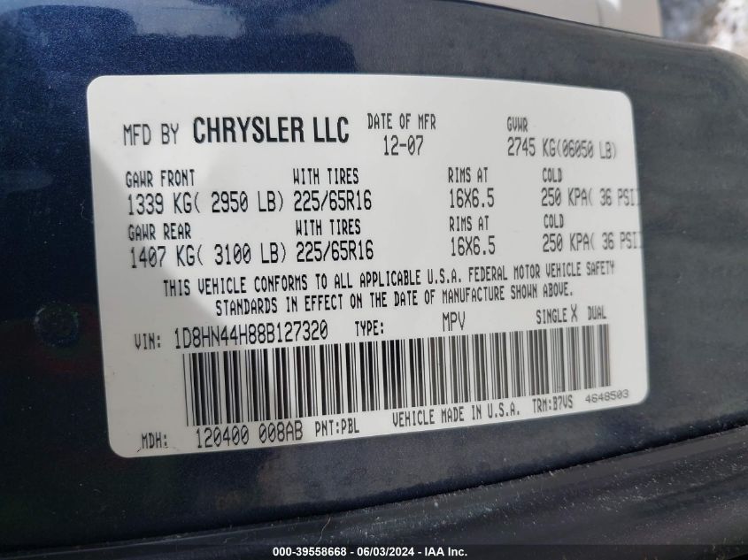 2008 Dodge Grand Caravan Se VIN: 1D8HN44H88B127320 Lot: 39558668