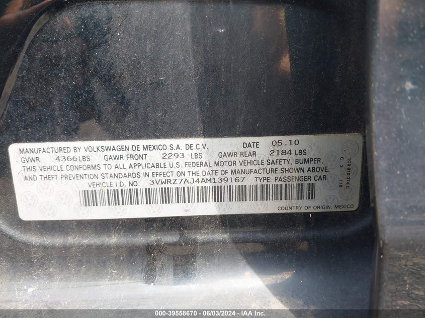 2010 Volkswagen Jetta Limited Edition VIN: 3VWRZ7AJ4AM139167 Lot: 39558670