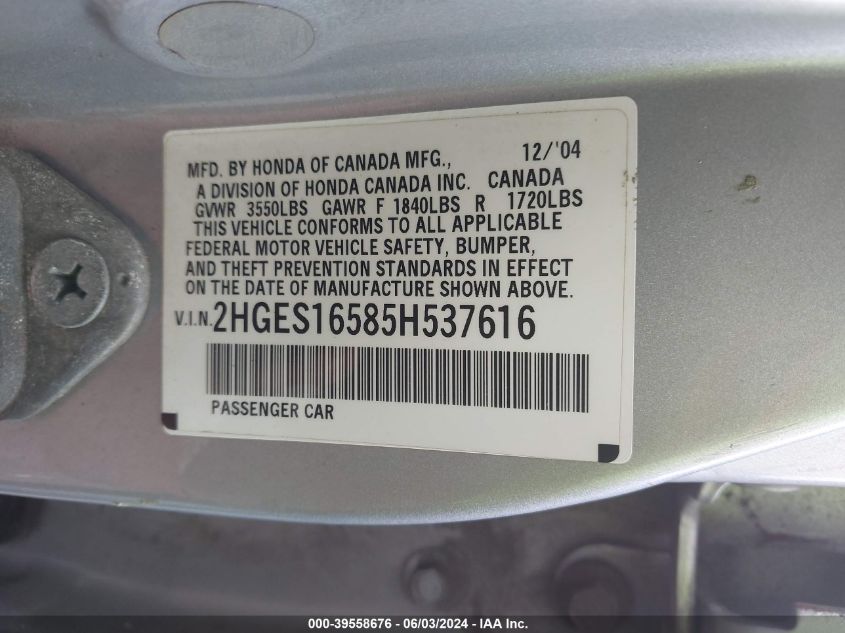 2HGES16585H537616 2005 Honda Civic Lx/Lx Se