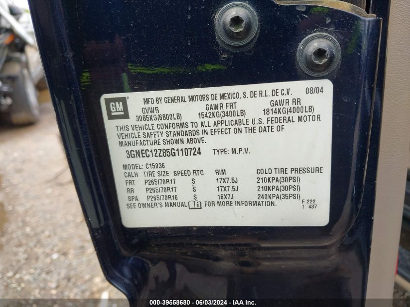 2005 Chevrolet Avalanche 1500 Z66 VIN: 3GNEC12Z85G110724 Lot: 39558680