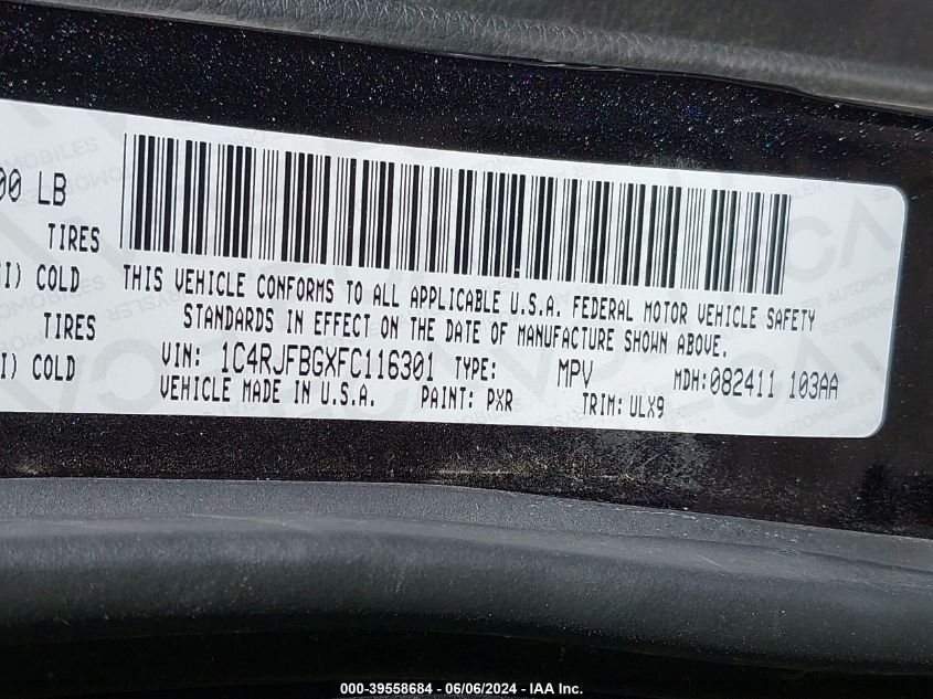 2015 Jeep Grand Cherokee Limited VIN: 1C4RJFBGXFC116301 Lot: 39558684