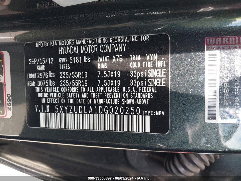 2013 Hyundai Santa Fe Sport 2.0T VIN: 5XYZUDLA1DG020250 Lot: 39558697