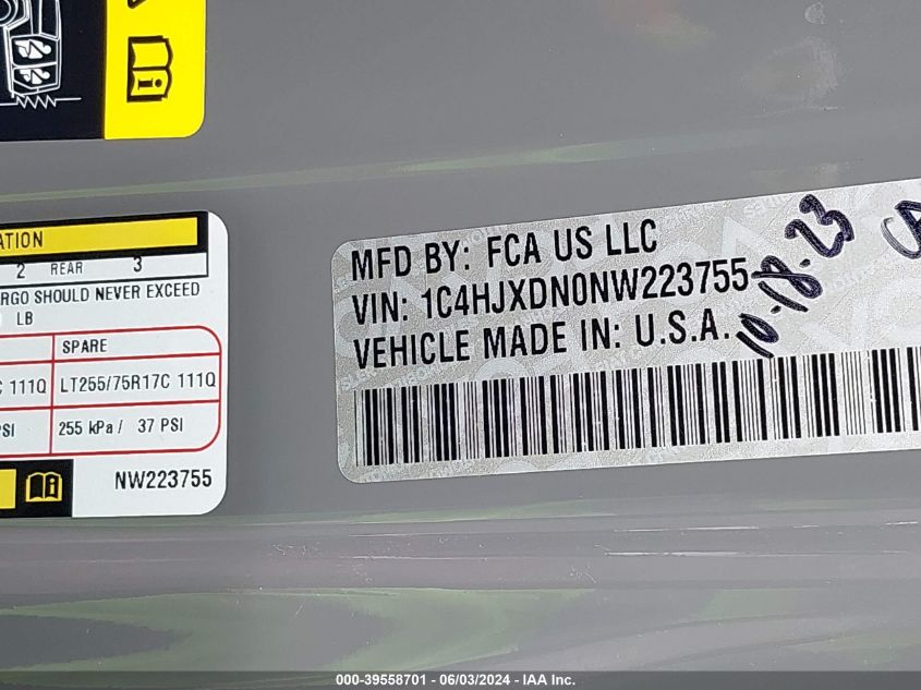 2022 Jeep Wrangler Unlimited Willys 4X4 VIN: 1C4HJXDN0NW223755 Lot: 39558701