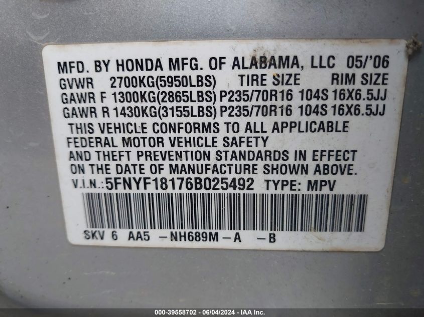 2006 Honda Pilot Lx VIN: 5FNYF18176B025492 Lot: 39558702