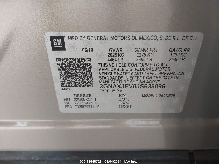 3GNAXJEV0JS638096 2018 Chevrolet Equinox Lt