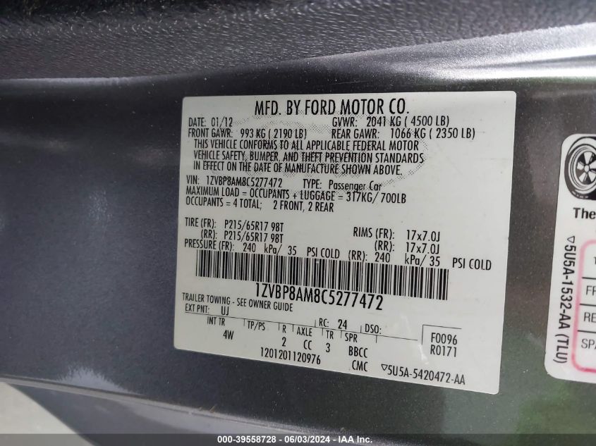 2012 Ford Mustang VIN: 1ZVBP8AM8C5277472 Lot: 39558728