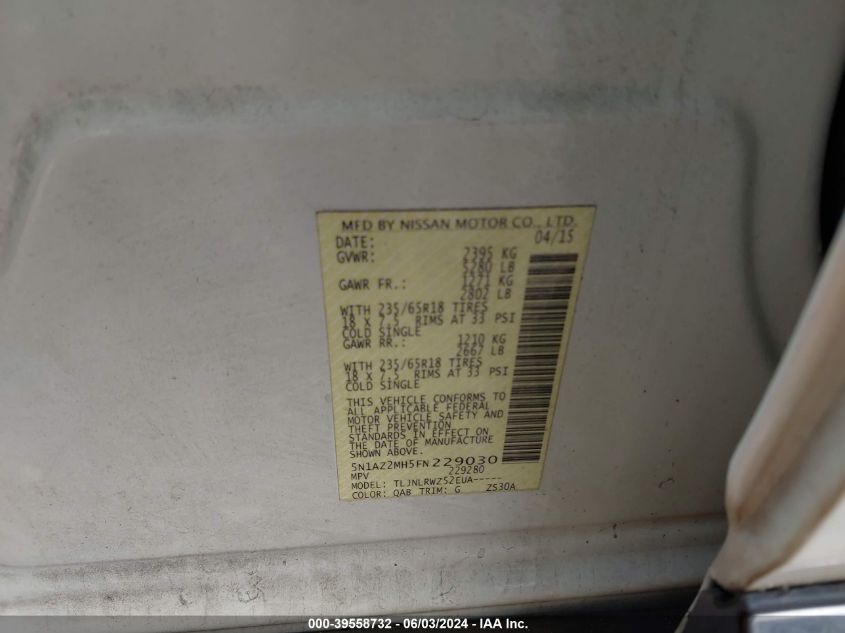 2015 Nissan Murano S/Sl/Sv/Platinum VIN: 5N1AZ2MH5FN229030 Lot: 39558732