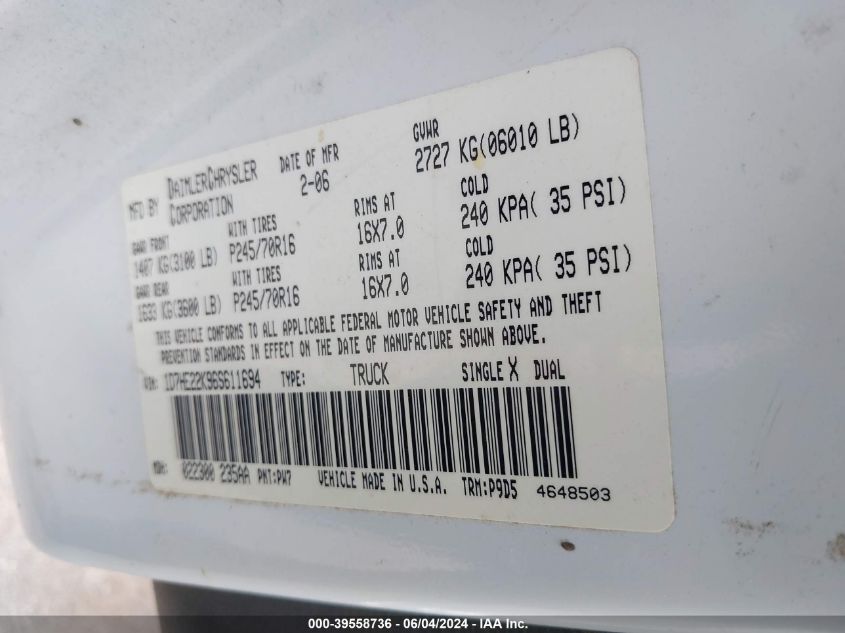 2006 Dodge Dakota St VIN: 1D7HE22K96S611694 Lot: 39558736