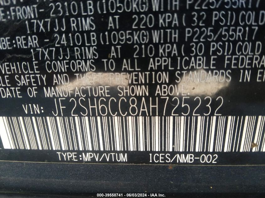 2010 Subaru Forester 2.5X Premium VIN: JF2SH6CC8AH725232 Lot: 39558741