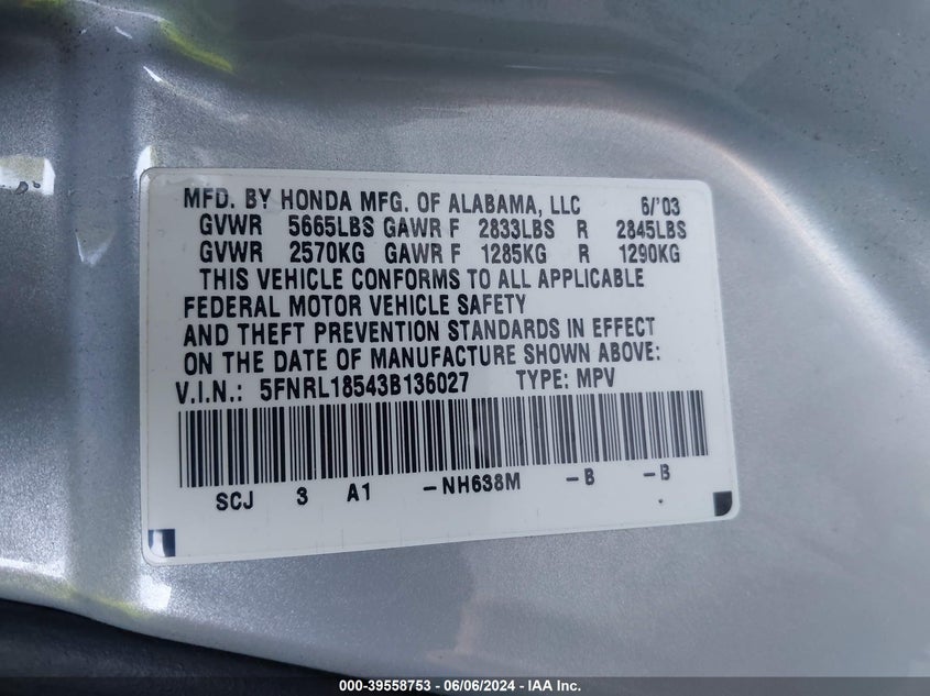 2003 Honda Odyssey Lx VIN: 5FNRL18543B136027 Lot: 39558753