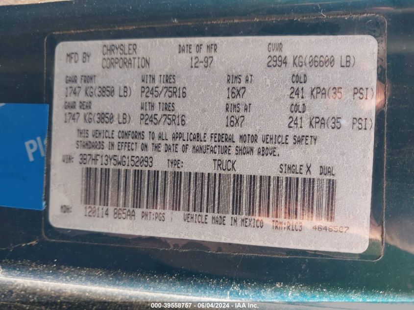 1998 Dodge Ram 1500 St VIN: 3B7HF13Y5WG152093 Lot: 39558757