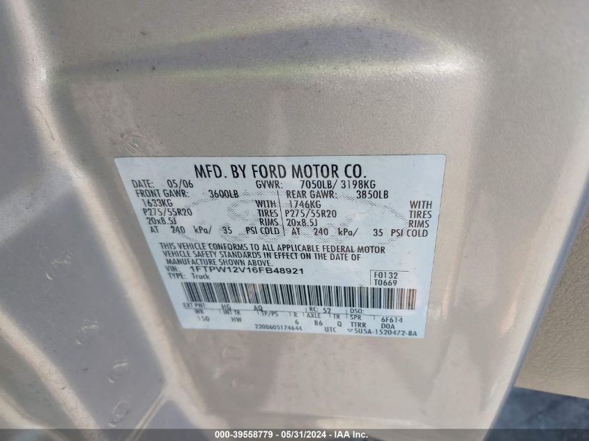 2006 Ford F-150 Lariat/Xlt VIN: 1FTPW12V16FB48921 Lot: 39558779