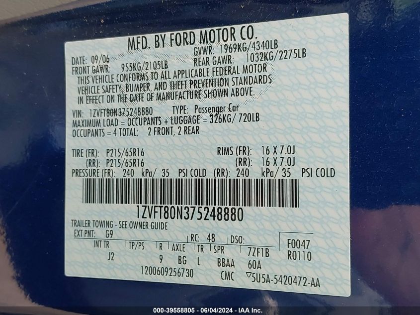 2007 Ford Mustang V6 Deluxe/V6 Premium VIN: 1ZVFT80N375248880 Lot: 39558805