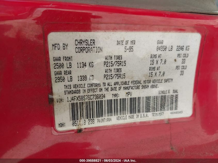 1995 Jeep Grand Cherokee Laredo VIN: 1J4FX58S7SC736034 Lot: 39558821