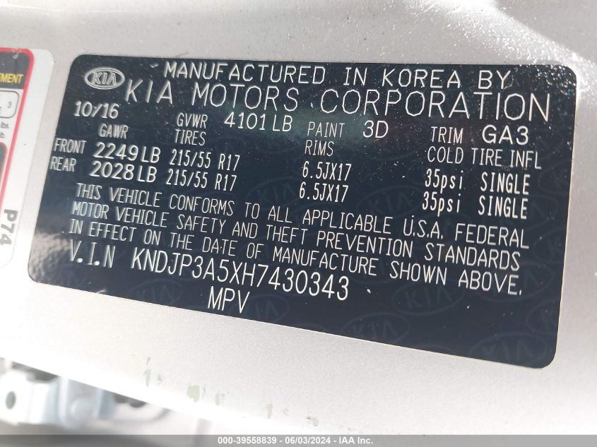2017 Kia Soul + VIN: KNDJP3A5XH7430343 Lot: 39558839